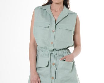 Mint Linen Sleeveless Tunic Top: Buttoned Collar, Four Pockets METT0283