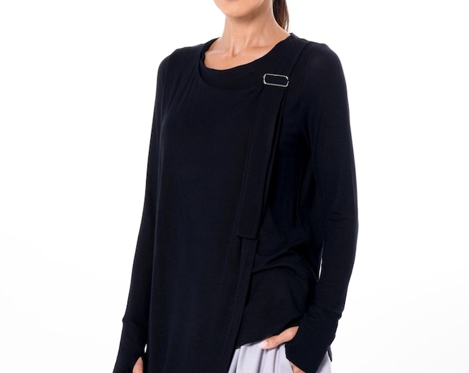 Asymmetric Long Sleeve Top / Casual Black Top / Thumbhole Sleeves METT0287