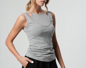 Cut Out Top / Gray Blouse / Sleeveless Top / Futuristic Clothing / Cyberpunk Top / Open Back Top /  Yoga Tank Top METT0242