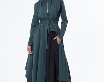 Asymmetric Long Belted Cardigan /  Extravagant Coat In Petrol Blue METC0132