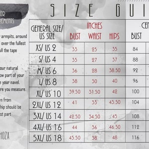 May include: Size guide chart with measurements in inches and centimeters for bust, waist, and hips. The chart includes US sizes from XS to 5XL.