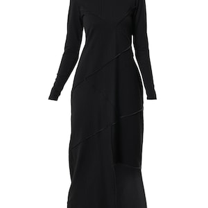 May include: Black long-sleeved hooded dress with a unique asymmetrical design featuring contrasting stitching.