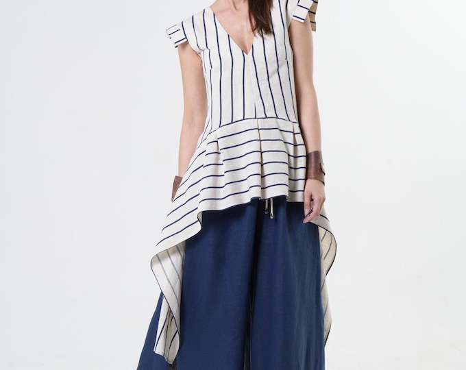 Asymmetric Top on Blue Stripes / Long Tunic / Linen Blouse METT0273_Blue
