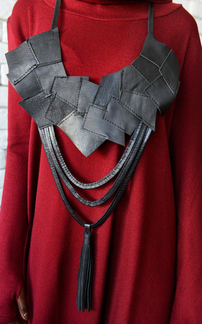 Black Genuine Leather Necklace/large Black Statement Etsy