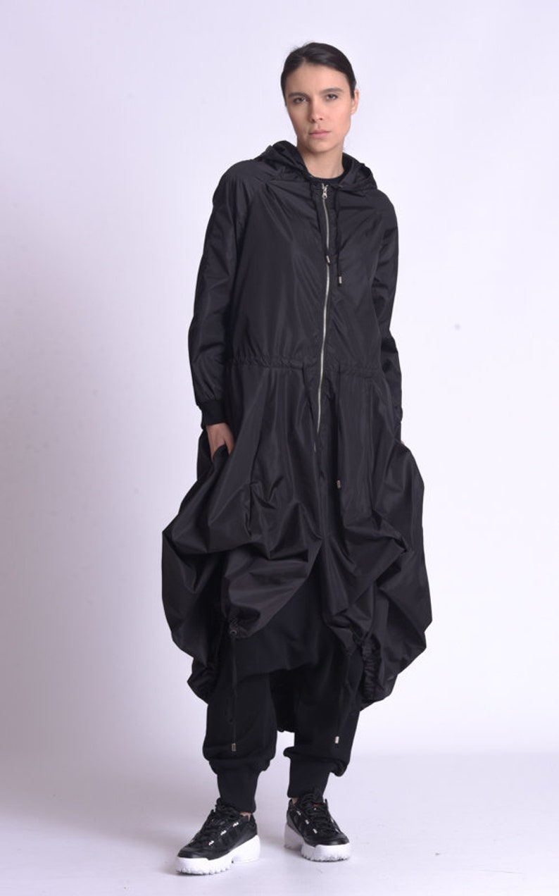 Black Long Raincoat / Hooded Raincoat Women / Oversize Jacket / Plus Size Clothing image 7