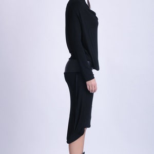 Black Party Dress / Asymmetric Dress with Long Sleeves / Faux Leather Dress / Little Black Dress / Cocktail Black Slip Dress METD0146 image 6