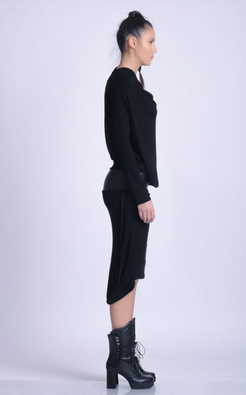 Black Party Dress / Asymmetric Dress with Long Sleeves / Faux Leather Dress / Little Black Dress / Cocktail Black Slip Dress METD0146 image 6