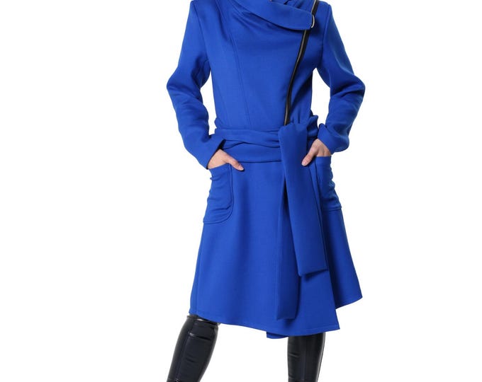 Asymmetric Belted Coat In Royal Blue / Elegant Winter Jacket / Belted Coat METC0138
