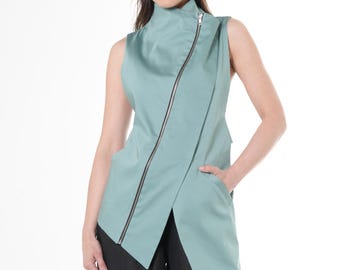 Elegant Zipper Vest In Mint / Asymmetrical Satin Cotton Top METT0049