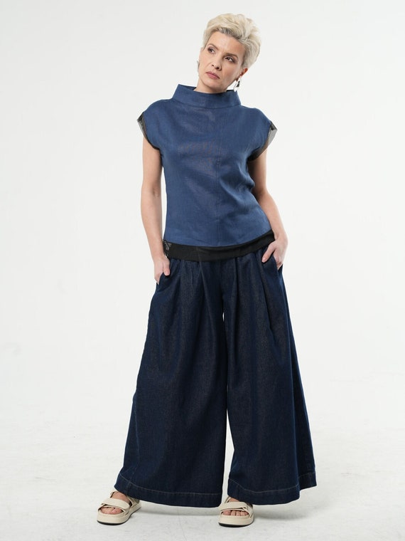 Blue Linen Top / Turtleneck Shortsleeve Blouse / Summer Linen Top / High Quality Handmade Clothing METT0258