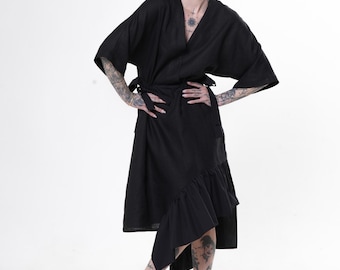 V-Neck Linen Midi Dress In Black - Summer Kimono Dress METD0271