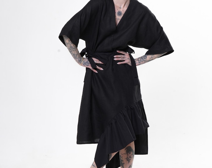 V-Neck Linen Midi Dress In Black - Summer Kimono Dress METD0271