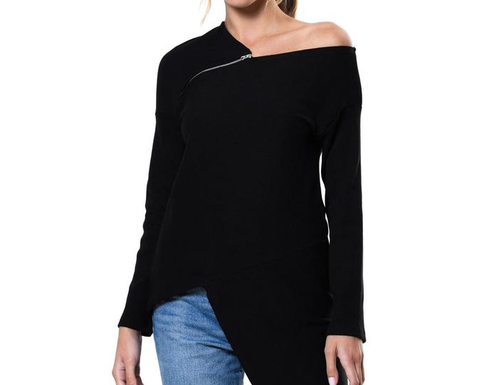 Black Asymmetric Top / Long Sleeve Tunic With Open Shoulder METT0120