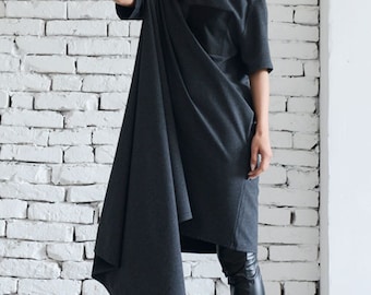 Asymmetrical Loose Grey Dress/Fallen Sleeve Maxi Dress/Plus Size Pocket Dress/Oversize Grey Tunic/Everyday Dress METD0030