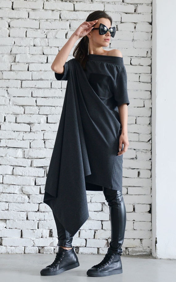 Asymmetrical Loose Grey Dress/Fallen Sleeve Maxi Dress/Plus Size Pocket Dress/Oversize Grey Tunic/Everyday Dress METD0030