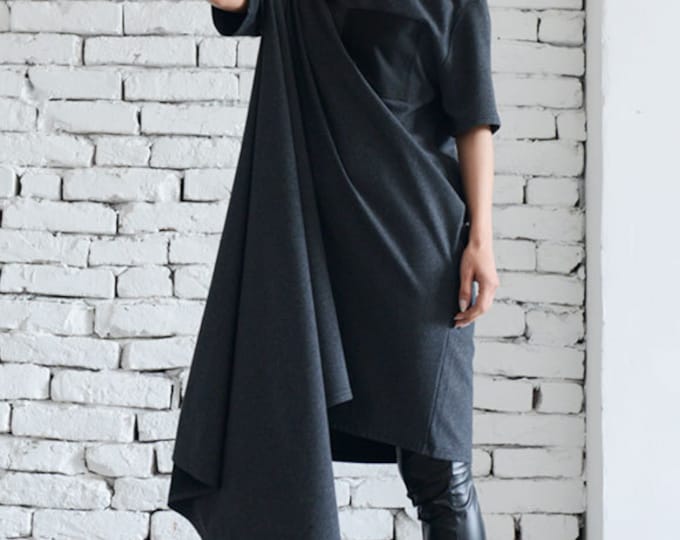 Asymmetrical Loose Grey Dress/Fallen Sleeve Maxi Dress/Plus Size Pocket Dress/Oversize Grey Tunic/Short Sleeve Kaftan/Everyday Dress