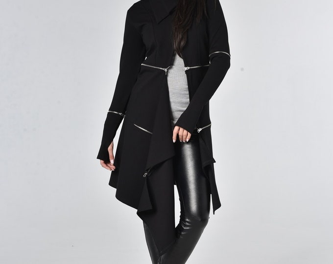Asymmetrical Jacket / Thumb Hole /  Black Jacket / Black Coat / Long Coat / Extravagant Coat / Steampunk Clothing Women METC0033