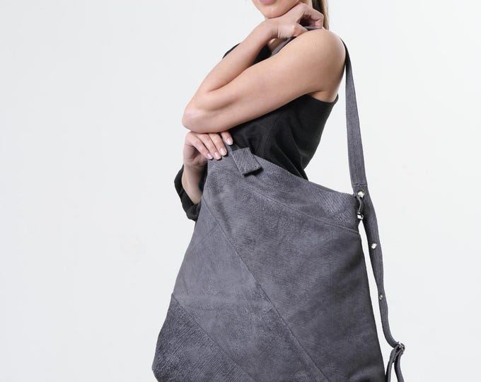 Large Structured Leather Bag  / Big Gray Shoulder Bag - METB0060