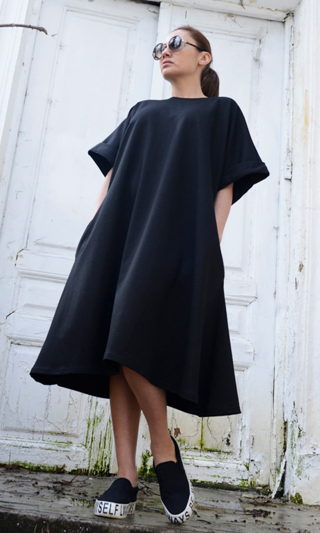 Black Midi Loose Dress/oversize Short Sleeve Tunic/plus Size Black Maxi ...