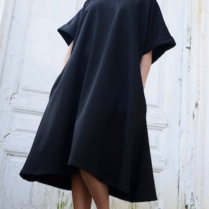 Black Midi Loose Dress/Oversize Short Sleeve Tunic/Plus Size Black Maxi Dress/Spring Black Short Kaftan/Comfortable Sexy Casual Short Dress