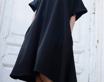 Black Midi Loose Dress/Oversize Short Sleeve Tunic/Plus Size Black Maxi Dress/Spring Black Short Kaftan/Comfortable Sexy Casual Short Dress