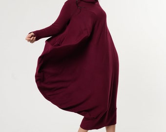 Burgundy Oversize Dress/Comfortable Maxi Dress/Wine Long Dress/Warm Dress/Long Sleeve Kaftan/Plus Size Maxi Dress/Burgundy Loose Dress