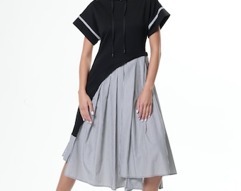 Black Pleated Dress with Hood METD0214