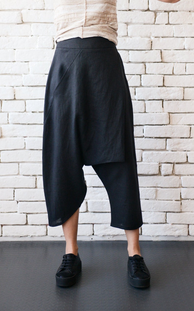 Black Linen Pants/asymmetric Loose Pants/linen Capris/loose - Etsy