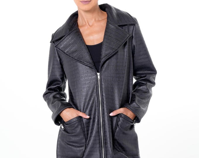 Croc-Effect Vegan Suede Jacket: Black Transitional Zip Coat
