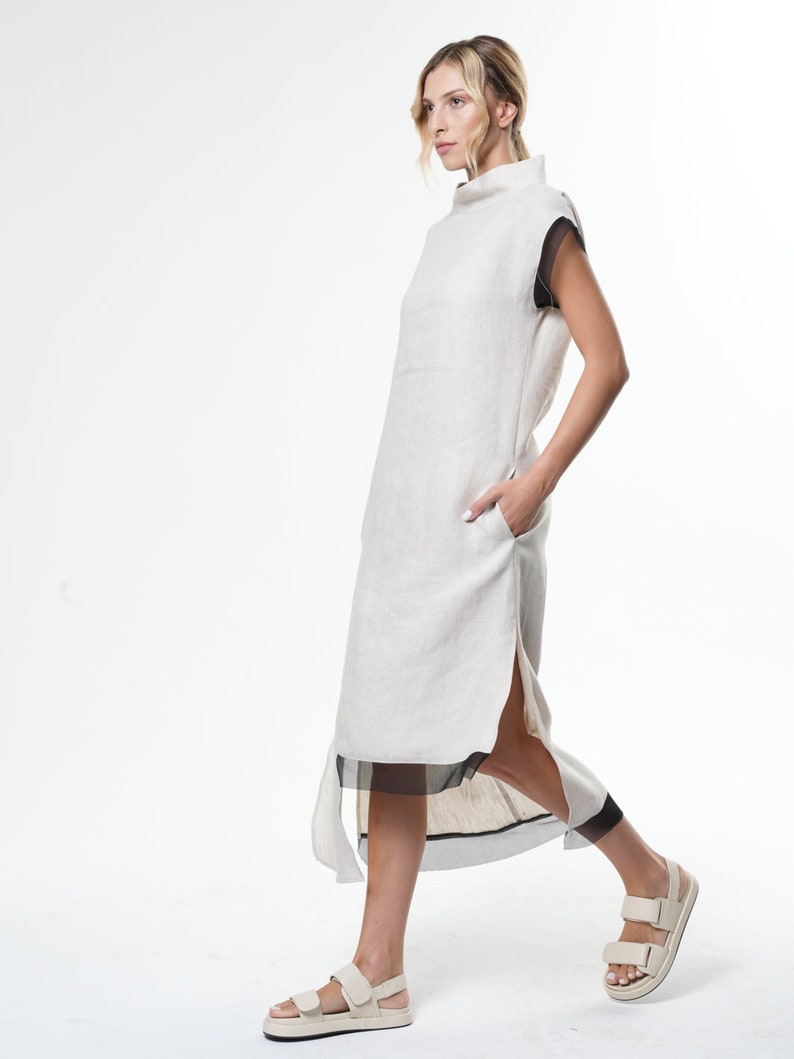 Abito in lino asimmetrico / Abito estivo in lino / Elegante abito in lino nero / Abito fatto a mano in lino naturale METD0219 Beige