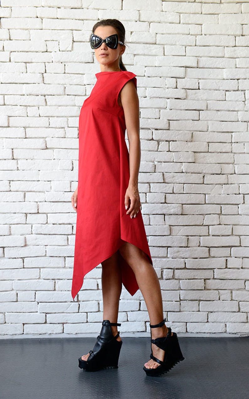 Red Asymmetric Dress/Extravagant Clothing/Casual Summer Dress/Red Sleeveless Dress/Red Long Tunic/Summer Party Dress/Sleeveless Dress image 2