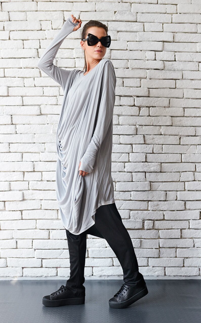 Light Grey Loose Tunic/asymmetric Maxi Dress/thumb Hole Sleeve | Etsy