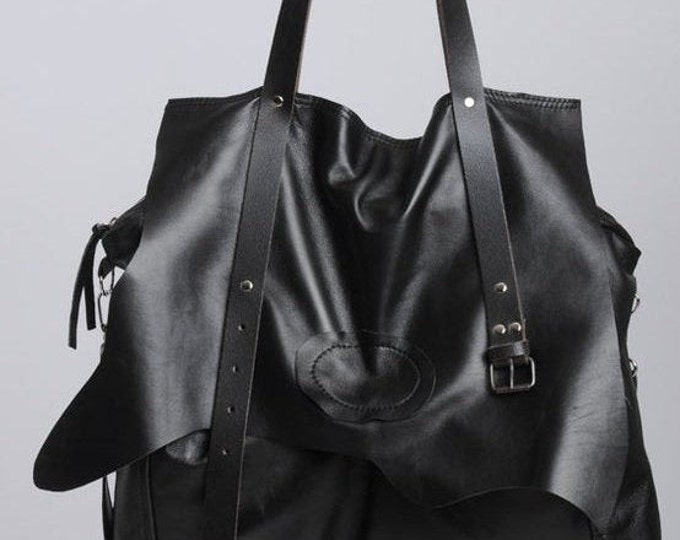 Extravagant Leather Belt Bag/Maxi Black Genuine Leather Bag/Oversize Tote Bag with Belt/Large Black Purse/Black Designer Bag METB0009