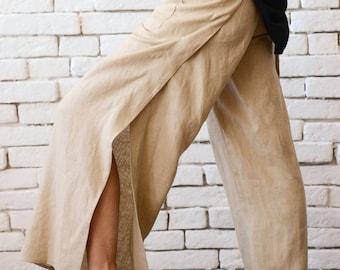 Beige Linen Pants / Summer Boho Pants / Fit and Flare Pants / Wide Leg Pants / Palazzo Pants / Loose Linen Trousers METP0041