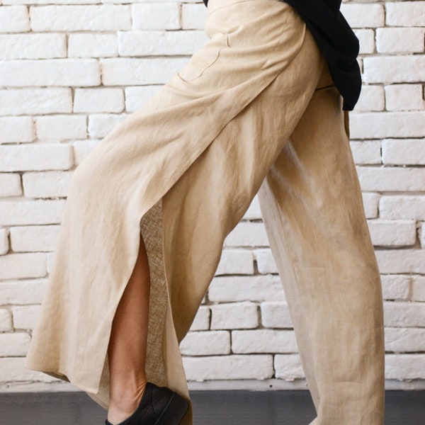 Beige Linen Pants / Summer Boho Pants / Fit and Flare Pants / Wide Leg Pants / Palazzo Pants / Loose Linen Trousers