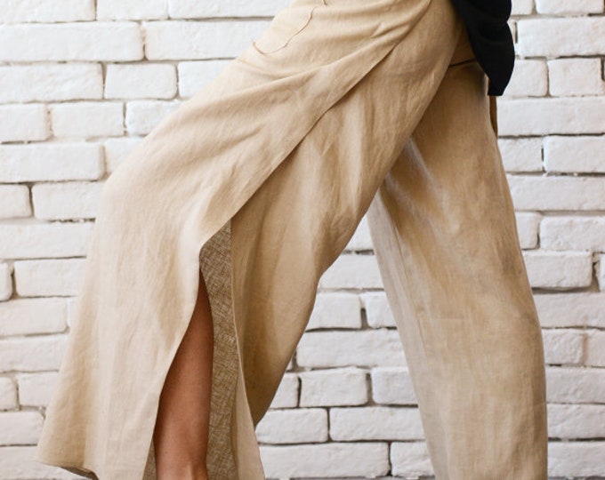 Beige Linen Pants / Summer Boho Pants / Fit and Flare Pants / Wide Leg Pants / Palazzo Pants / Loose Linen Trousers METP0041
