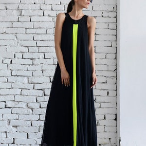Black Maxi Dress/Neon Line Long Kaftan/Oversize Summer Dress/Long Black Tunic/Neon Accent Casual Dress/Loose Mesh Dress by METAMORPHOZA