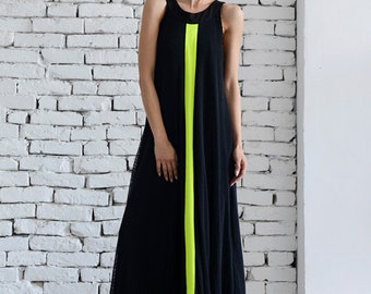 Black Maxi Dress/Neon Line Long Kaftan/Oversize Summer Dress/Long Black Tunic/Neon Accent Casual Dress/Loose Mesh Dress by METAMORPHOZA