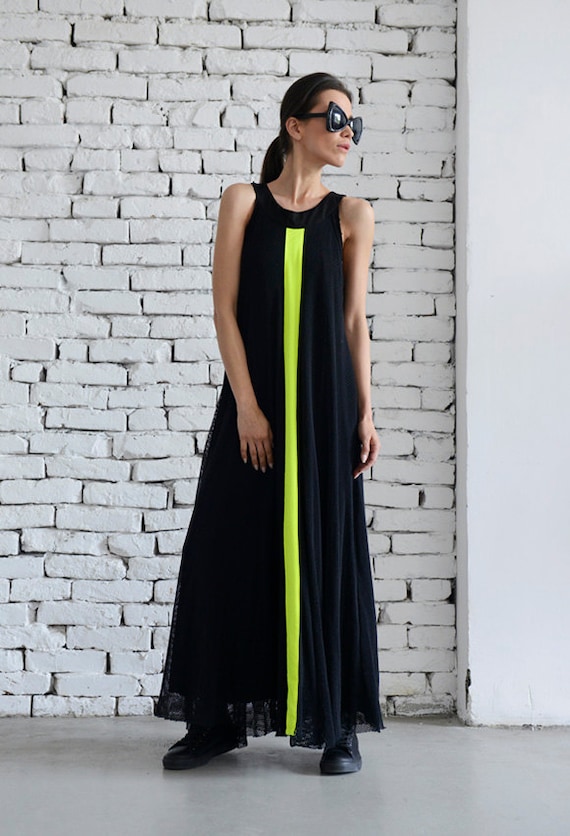 Black Maxi Dress/neon Line Long Kaftan ...