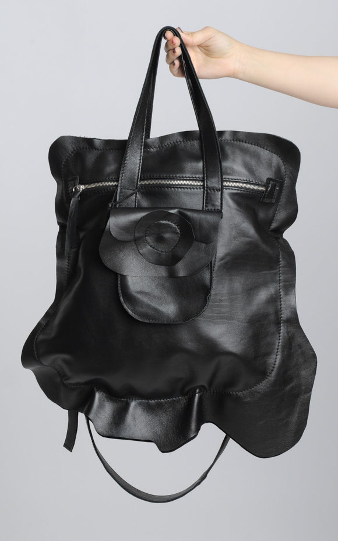 Genuine Leather Black Tote Bag/large Front Pocket Bag/asymmetric Zipper ...
