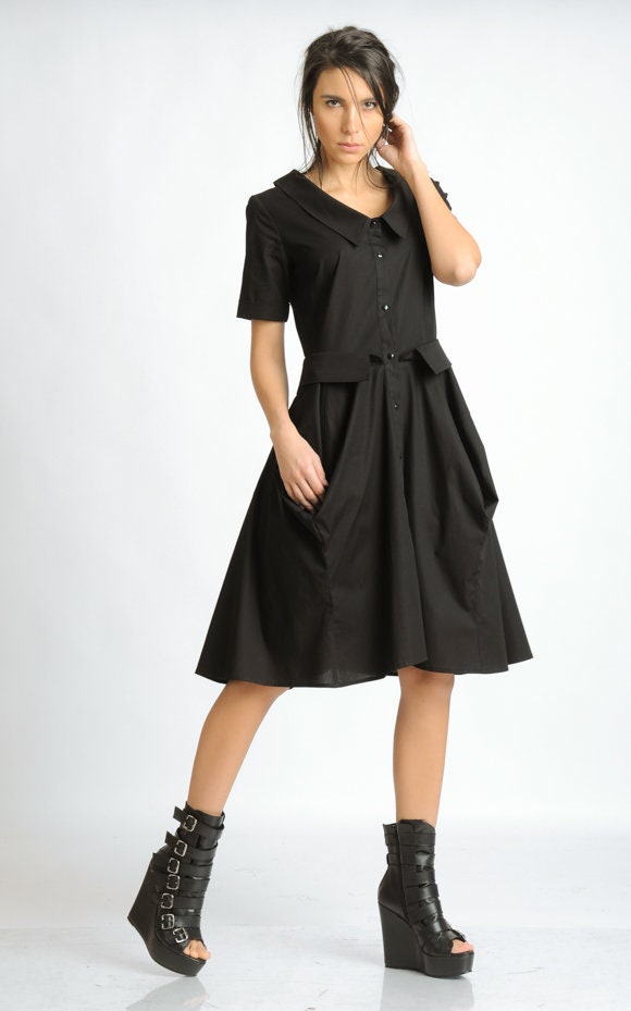 FINAL CLEARANCE Extravagant Black Shirt Dress/Short Sleeve Collar Dress ...