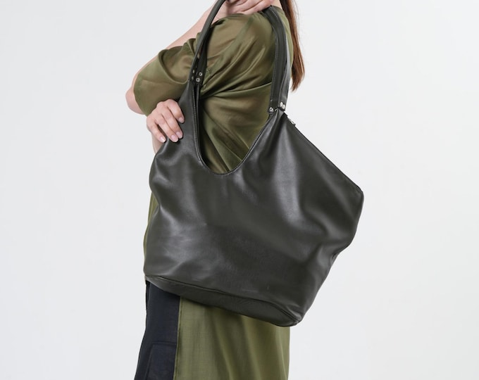Large Asymmetric Leather Bag In Khaki / Genuine Leather Shoulderbag METB0059_Khaki