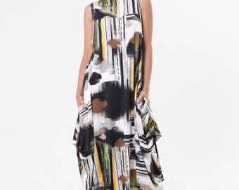 Sleeveless Cotton Dress With Abstract Print / Asymmetrical Summer Dress  METD0240