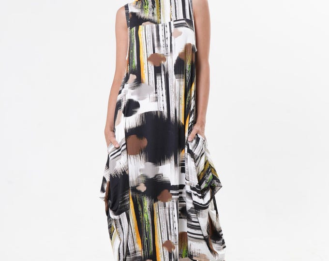 Sleeveless Cotton Dress With Abstract Print / Asymmetrical Summer Dress  METD0240