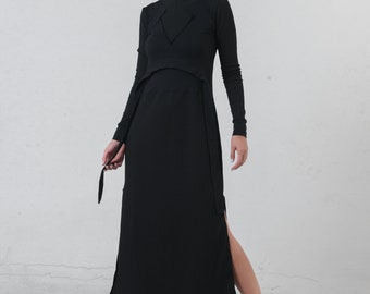 NEW Ribbed Dress / Avant Garde Dress / Black Witch Dress / Pullover Dress / Fall Outfit Woman / Long Casual Dress / Extravagant Dress