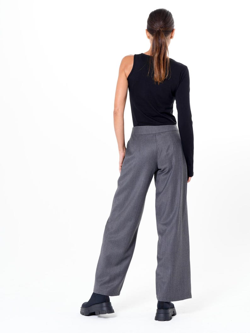 Pantalones grises de pierna ancha/Pantalones largos maxi/Pantalones largos de oficina/Pantalones cómodos para uso diario/Pantalones con bolsillos para mujer/Pantalones casuales holgados METP0019 imagen 5