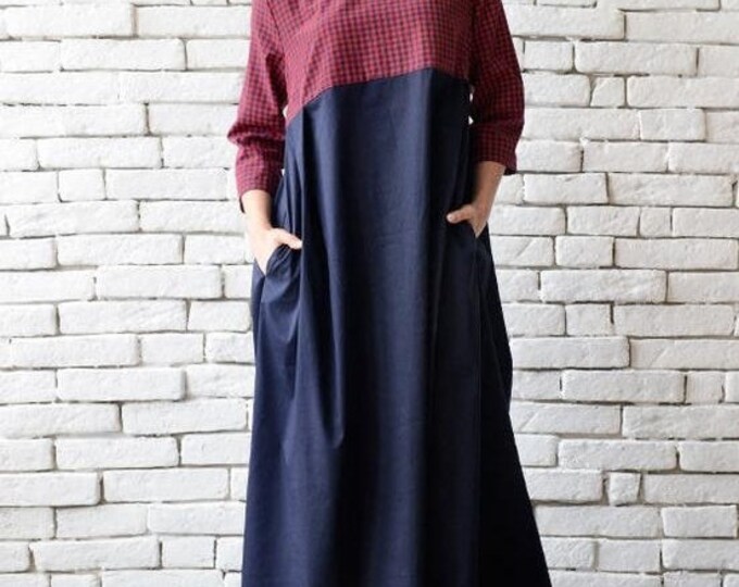Checked Maxi Dress/Plus Size Kaftan/Long Loose Dress/Dark Blue Oversize Dress/Checkered Plus Size Casual Dress/Red and Blue Summer D