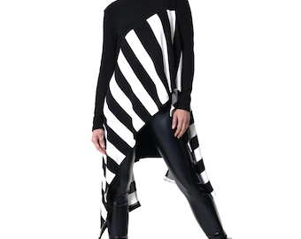 Black And White Long Top / Asymmetric Striped Tunic/ Turtleneck Blouse METT0267