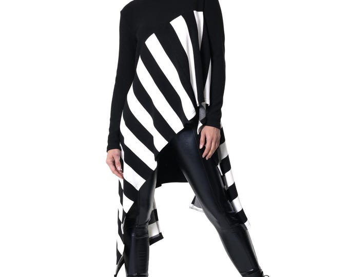 Black And White Long Top / Asymmetric Striped Tunic/ Turtleneck Blouse METT0267