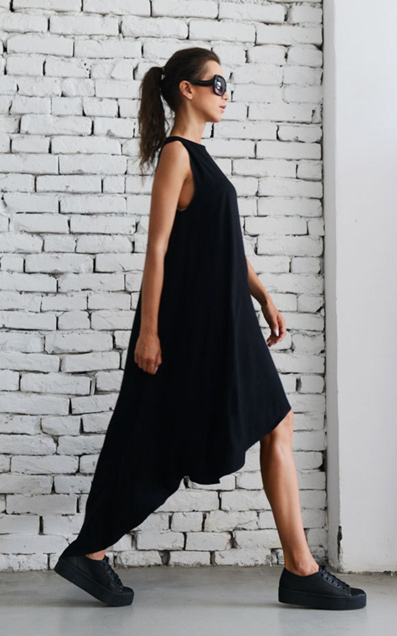 Black Asymmetric Dress/Oversize Loose Tunic/Plus Size Black Dress/Black Maxi Dress/Sleeveless Tunic Top/Casual Summer Black Dress METT0043 image 4